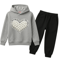 Luxury Pearl & Crystal Heart Printed Girls Winter Fleece Tracksuit - 2 Pcs