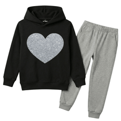 Silver Glitter Heart Graphic Printed Girls Winter Fleece Tracksuit - 2 Pcs