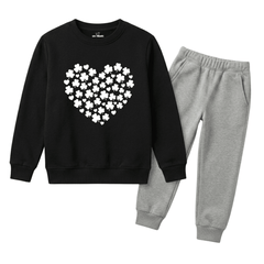 Girls Black & Grey Cute Leafy Heart Graphic Print Winter Suit
