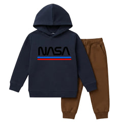 NASA Logo Printed Kids Winter Fleece Hoodie Tracksuit - 2 Pcs