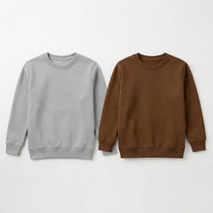 Pack Of 2 Gray, Brown Premium Kids Winter Crewneck Plain Sweatshirts