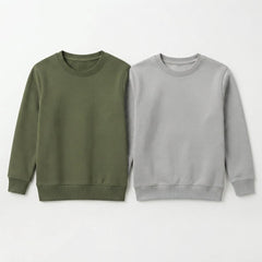 Pack Of 2 Olive Green, Grey Premium Kids Winter Crewneck Plain Sweatshirts