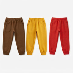 Pack Of 3 Brown Yellow Red Kids Everyday Winter Fleece Joggers Bundle